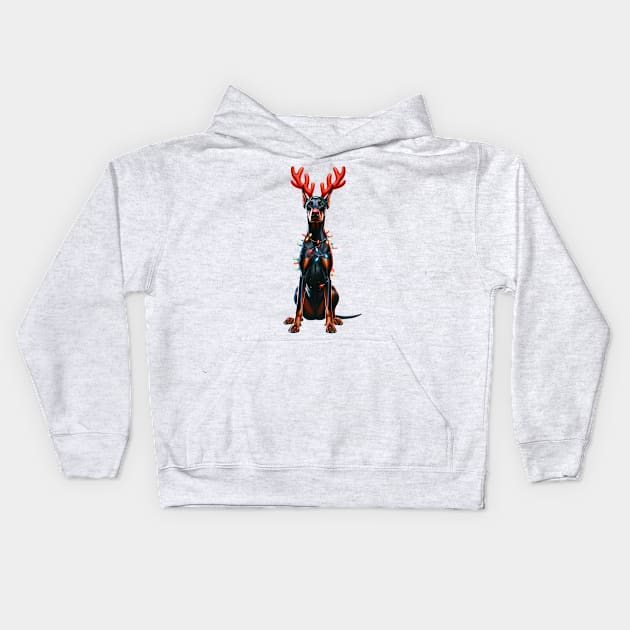 Christmas Red Nose Doberman Pinscher Dog Kids Hoodie by Chromatic Fusion Studio